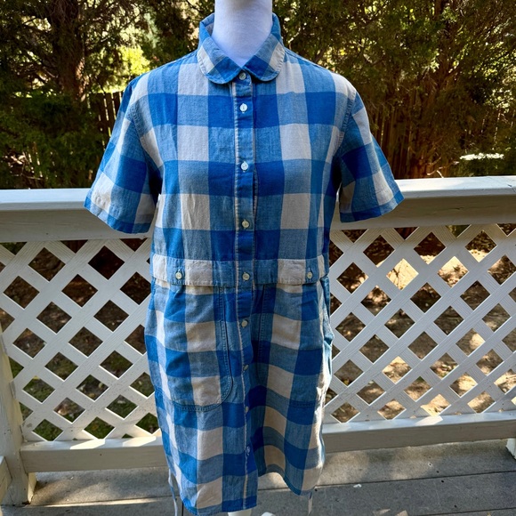 Pendleton Linen Cotton Dress Medium Blue Check Plaid Belted Short Sleeve Pockets - Picture 7 of 9